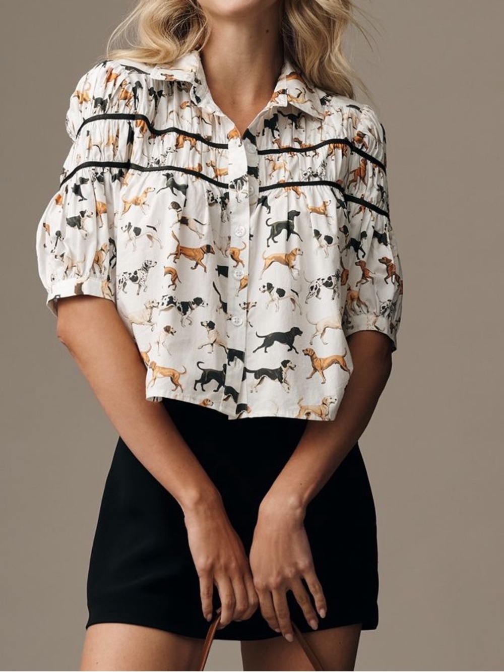 Anthro Blouse Leandra Maeve Cropped Dog Print Cream Black Brown SIZE MEDIUM NEW - Picture 2 of 7